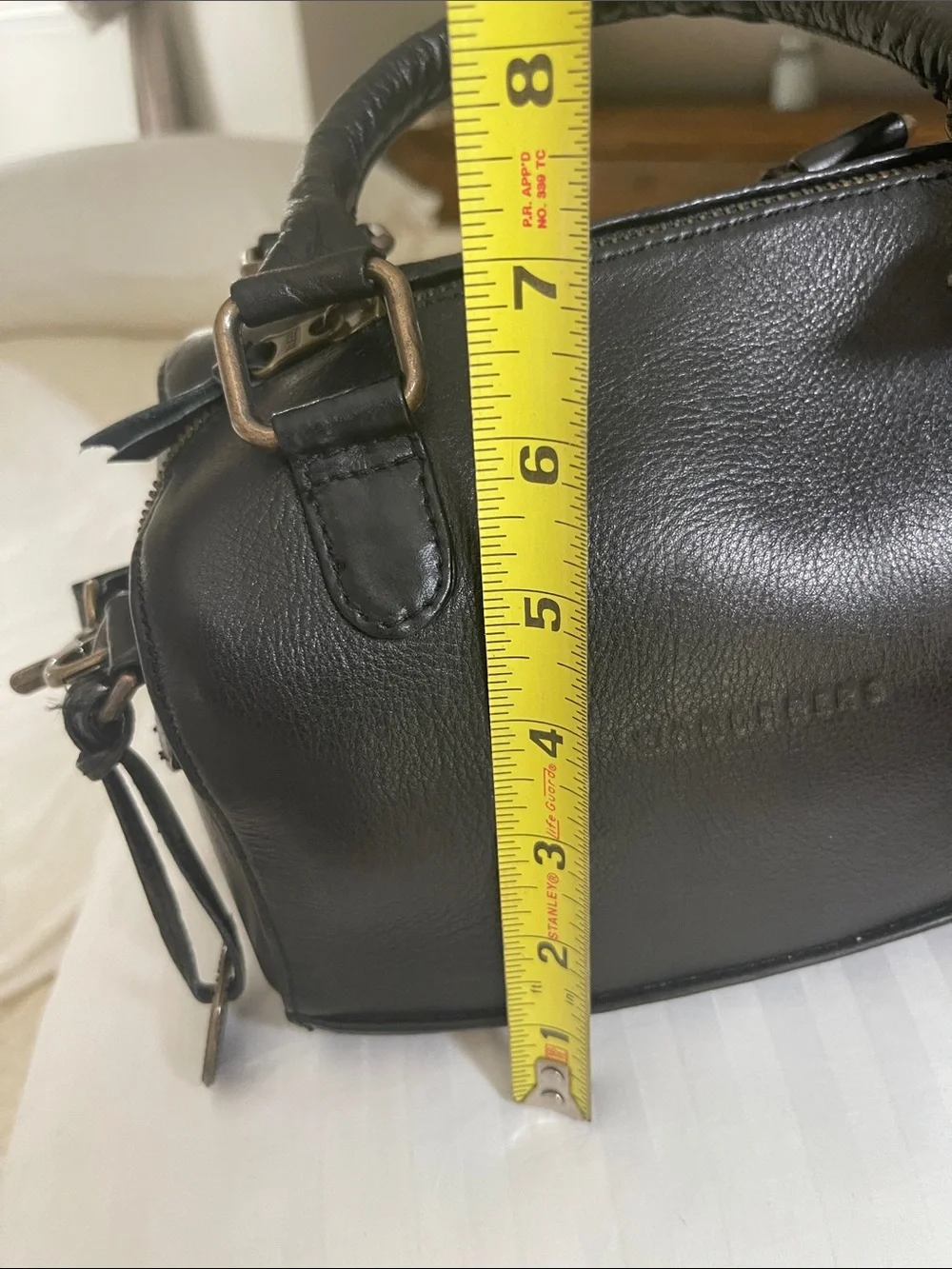 Black Leather Satchel with Top Handles and Crossbody Strap